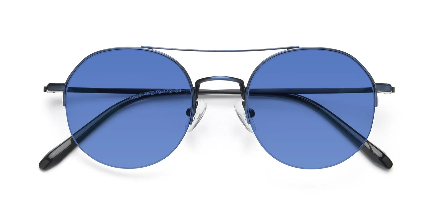 Blue Double Bridge Round Semi-Rimless Tinted Sunglasses with Blue Sunwear Lenses | Yesglasses