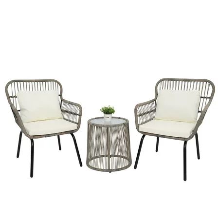 Machinehome 3-Piece Patio Wicker Conversation Bistro Set with 2 Chairs & Glass Top Side Table & Cush | Walmart (US)