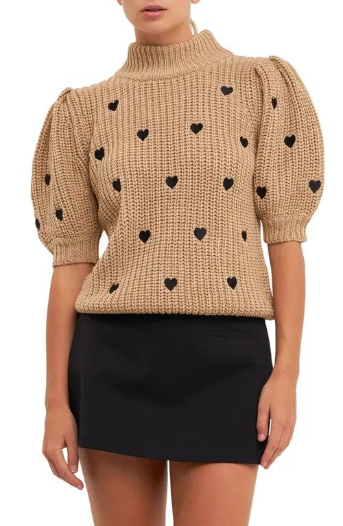 English Factory Heart Embroidered Puff Sleeve Sweater in Beige/Black at Nordstrom, Size Small | Nordstrom