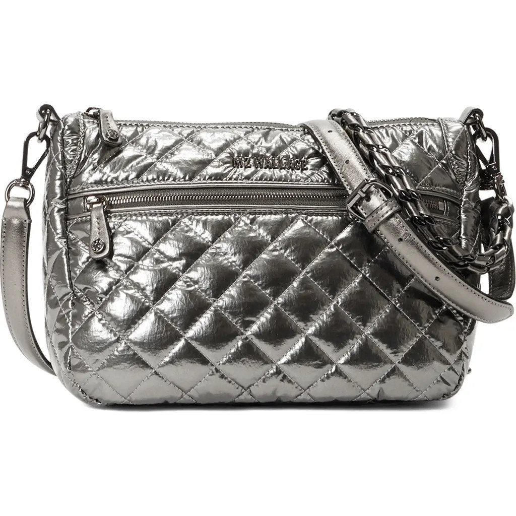 MZ Wallace Crosby Ella Quilted Nylon Crossbody Bag in Pewter Metallic at Nordstrom | Nordstrom