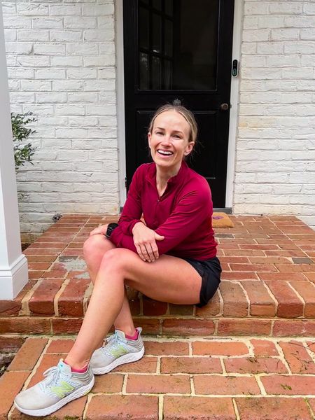 Athleta running shorts (size XS), an Athleta 1/4 zip (size XS), and New Balance sneakers. This is the perfect outfit for a 50 degree run. #runningoutfit

#LTKunder100 #LTKSeasonal #LTKshoecrush