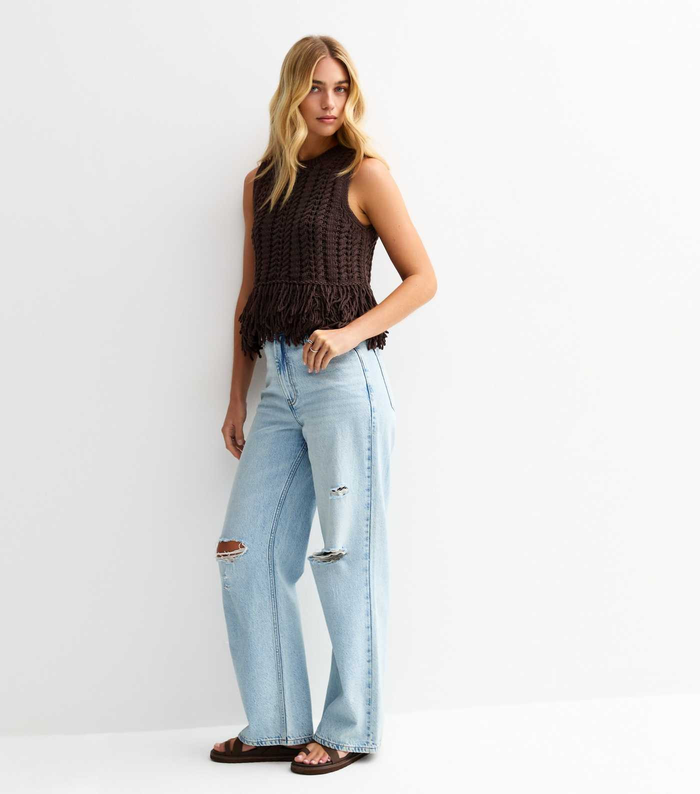 Dark Brown Open Knit Fringe Trim Sleeveless Vest | New Look | New Look (UK)