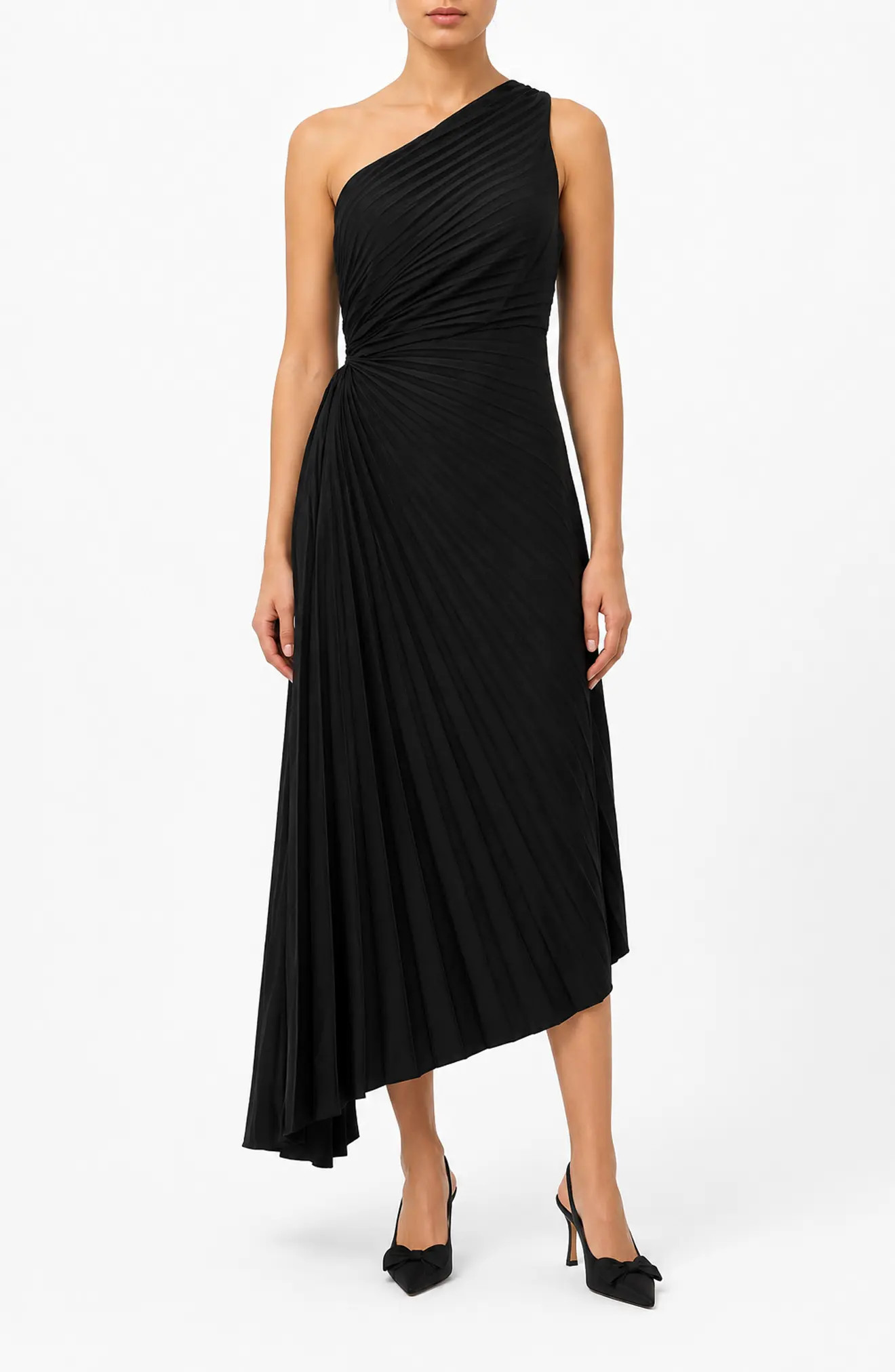 Nicole Miller Satin Pleat One Shoulder Midi Dress in Deep Navy at Nordstrom Rack, Size 10 | Nordstrom Rack