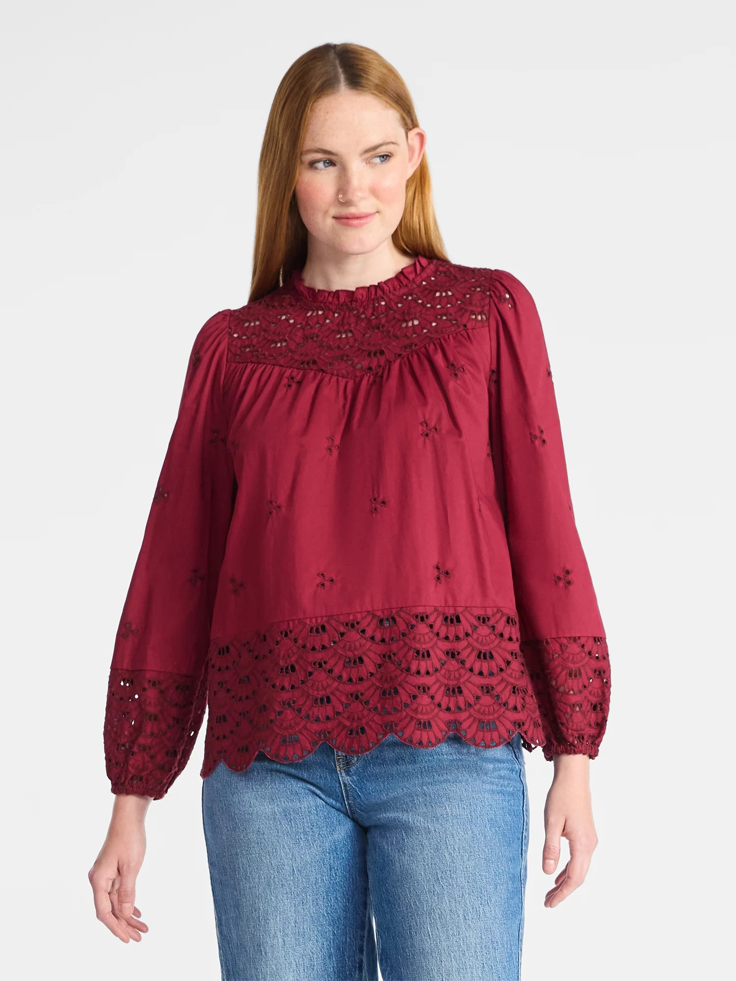 Time and Tru Women's Cotton Eyelet Blouse with Long Sleeves, Sizes XS-XXXL | Walmart (US)