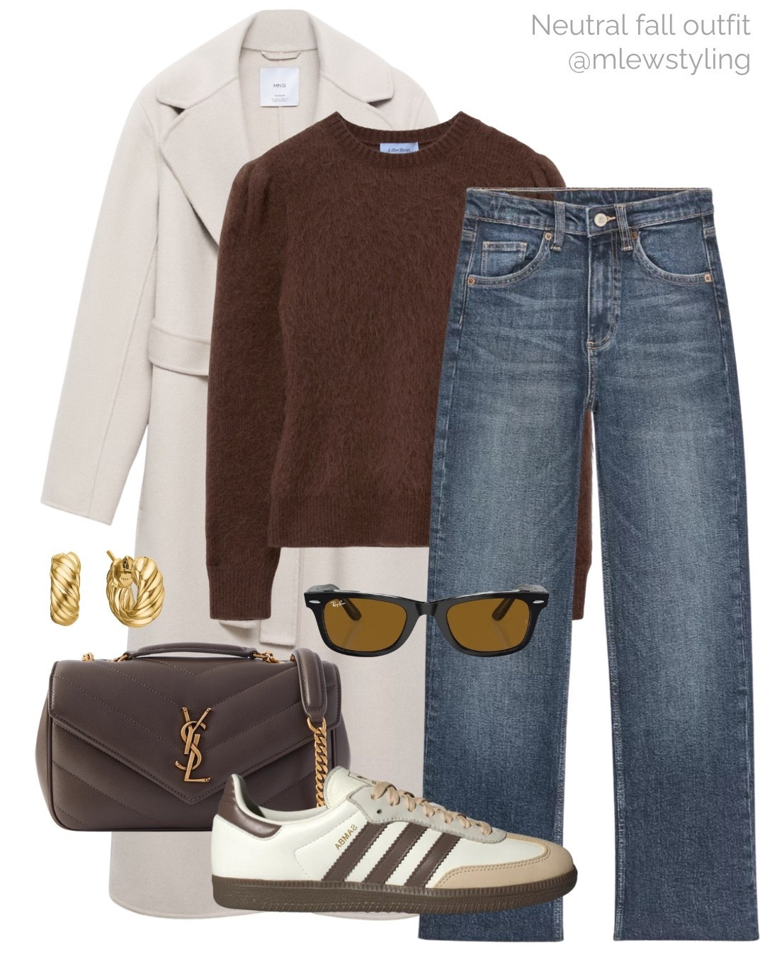 Neutral fall outfit with a wool
coat from Mango 🤍

Tags: neutral aesthetic, Zara crop flare jeans, rayban brown wayfarer sunglasses, ysl brown quilted bag, other stories brown knit sweater, adidas samba sneakers, gold hoop earrings, autumn outfit, everyday look

#LTKSeasonal #LTKItBag #LTKShoeCrush