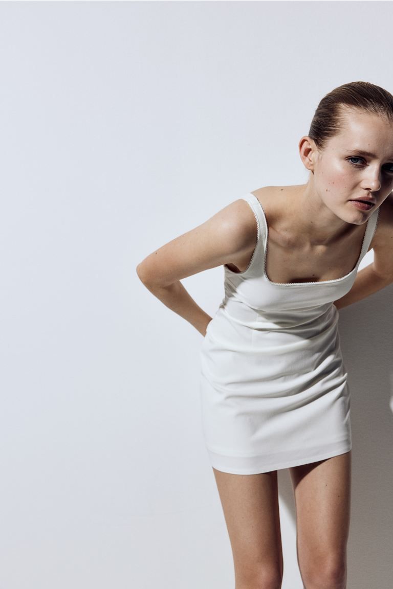 Picot-trimmed Jersey Dress - Square Neckline - Sleeveless - Cream - Ladies | H&M US | H&M (US + CA)