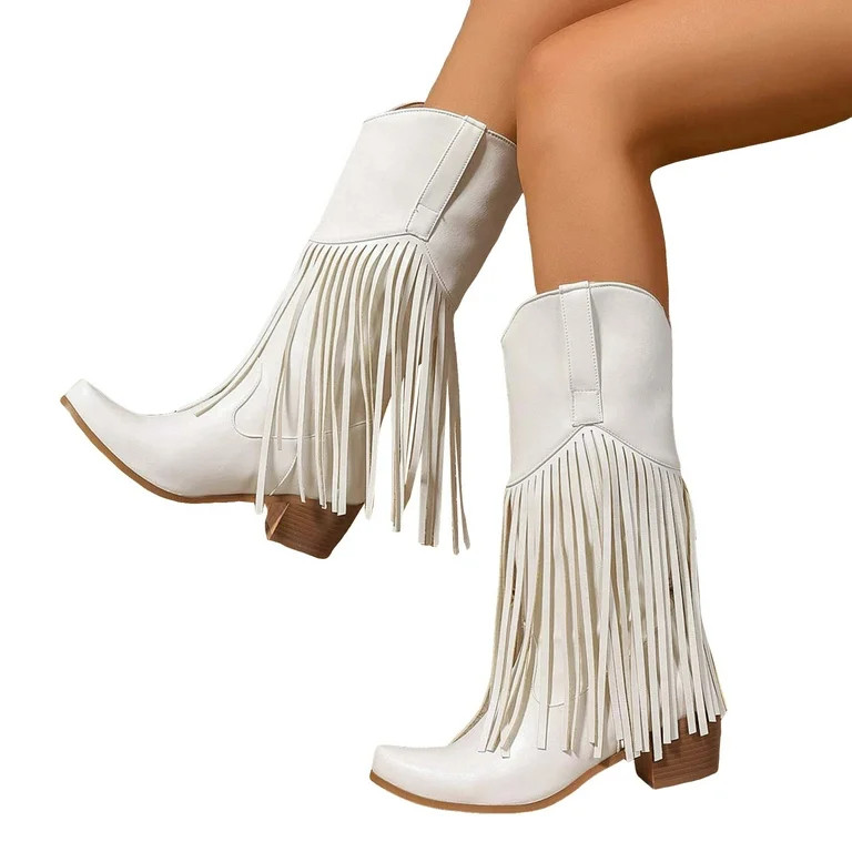 Dakaela Women's Fringe Western Boots Vintage Tassel Cowgirl Cowboy Boots Block Heel Pull on Knigh... | Walmart (US)