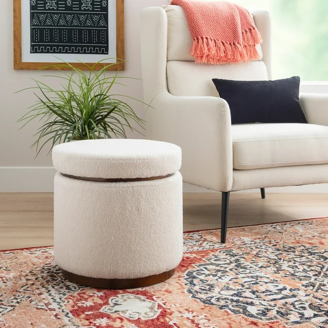 Linon Primrose Storage Ottoman Stool, Walnut Finish with Natural Sherpa Fabric | Walmart (US)