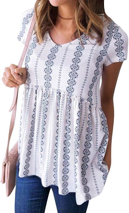 WLLW Women Bohemian Short Sleeve V Neck Floral Print Peplum Shirt Top Blouse Tee | Amazon (US)
