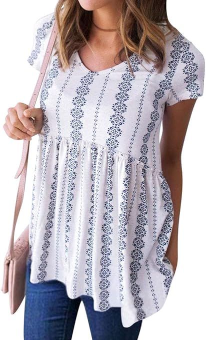 WLLW Women Bohemian Short Sleeve V Neck Floral Print Peplum Shirt Top Blouse Tee | Amazon (US)