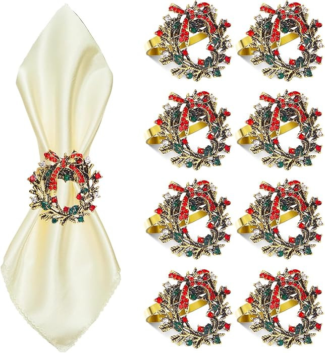ZeeDix Christmas Wreath Napkin Rings Set of 8, Rhinestone Holiday Christmas Napkin Ring Holders f... | Amazon (US)