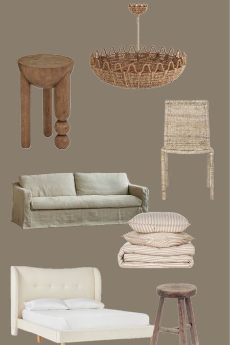 New home finds! Sherpa bed frame, striped bedding, end table, woven dining chairs, rattan light 

#LTKhome