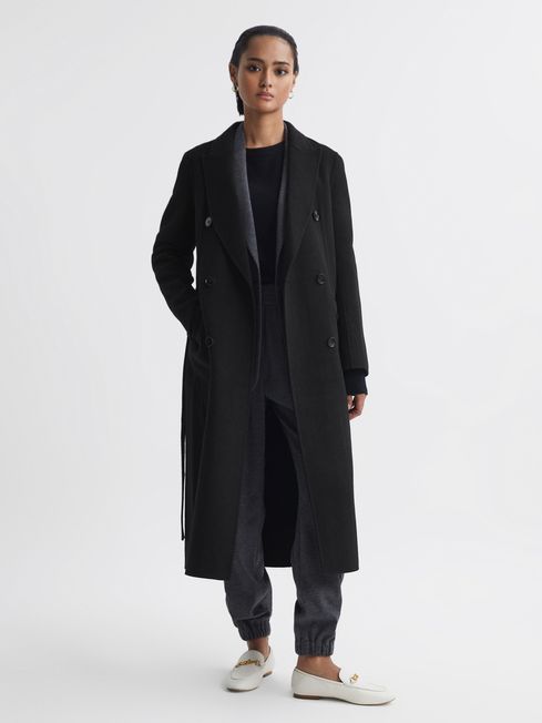 Reiss Black Arla Relaxed Wool Blend Blindseam Belted Coat | Reiss UK