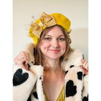 Golden Yellow Wool Beret With Ribbon & Veil Bow, Women's Tam, Winter Hat, Handmade Retro Style Beret Hat | Etsy (US)