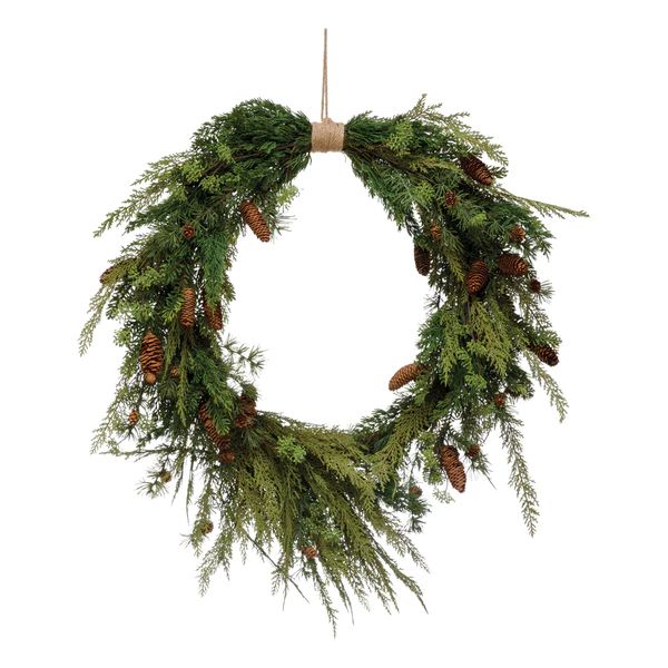 Faux Pine Wreath with Pinecones and Jute Hanger | Monika Hibbs Home