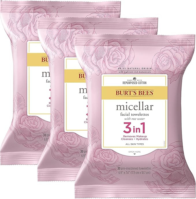 Burt's Bees 3 In 1 Micellar Facial Cleanser Towelettes and Makeup Remover Wipes with Rose Water m... | Amazon (US)