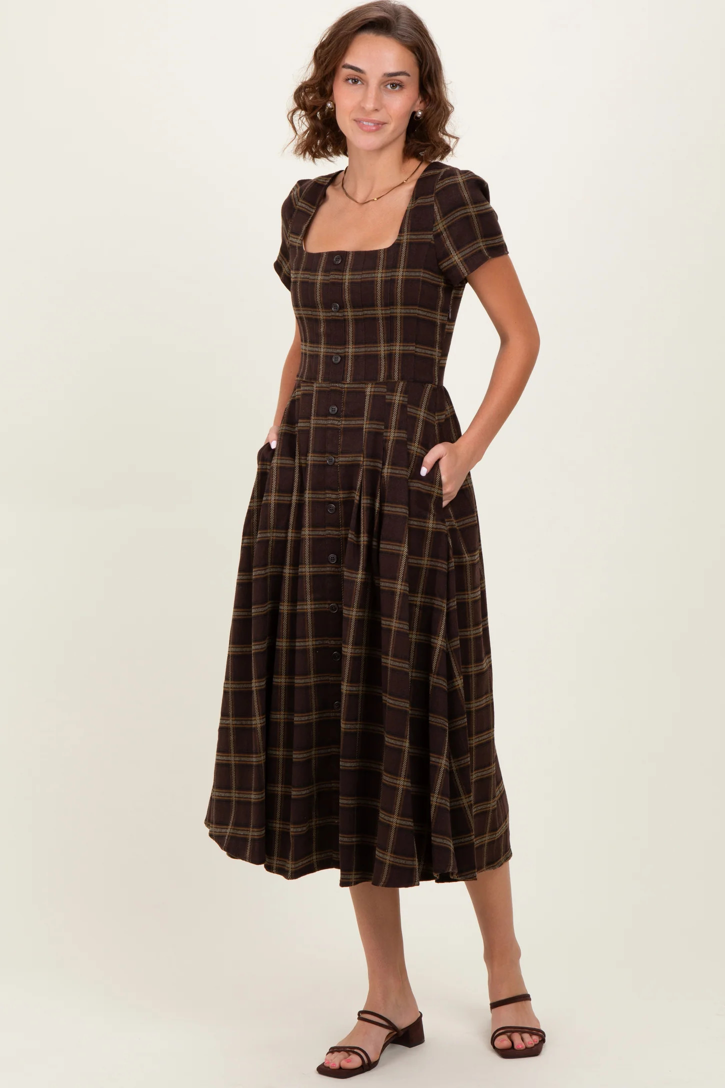 Brown Plaid Button Down Midi Dress | PinkBlush Maternity