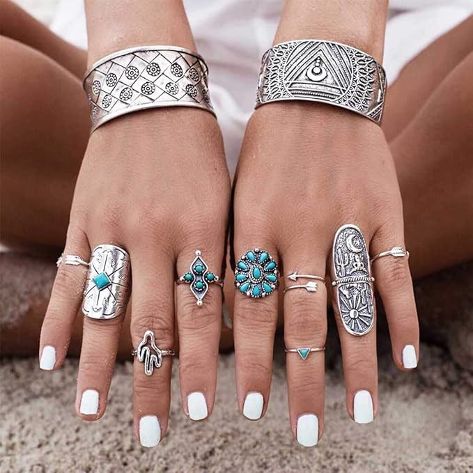 Yean Boho Turquoise Ring Set Silver Statement Rings Joint Knuckle Ring Set Midi Stacking Rings fo... | Amazon (US)
