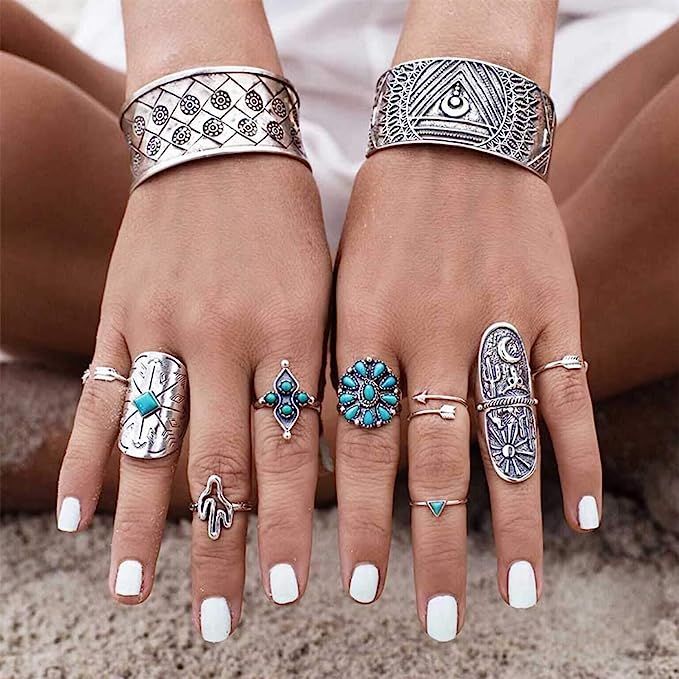 Yean Boho Turquoise Ring Set Silver Statement Rings Joint Knuckle Ring Set Midi Stacking Rings fo... | Amazon (US)
