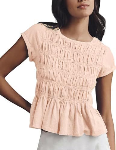 Shiyifa Womens Peplum Babydoll Tops Smocked Ruched Crew Neck Cap Sleeve Tee | Amazon (US)
