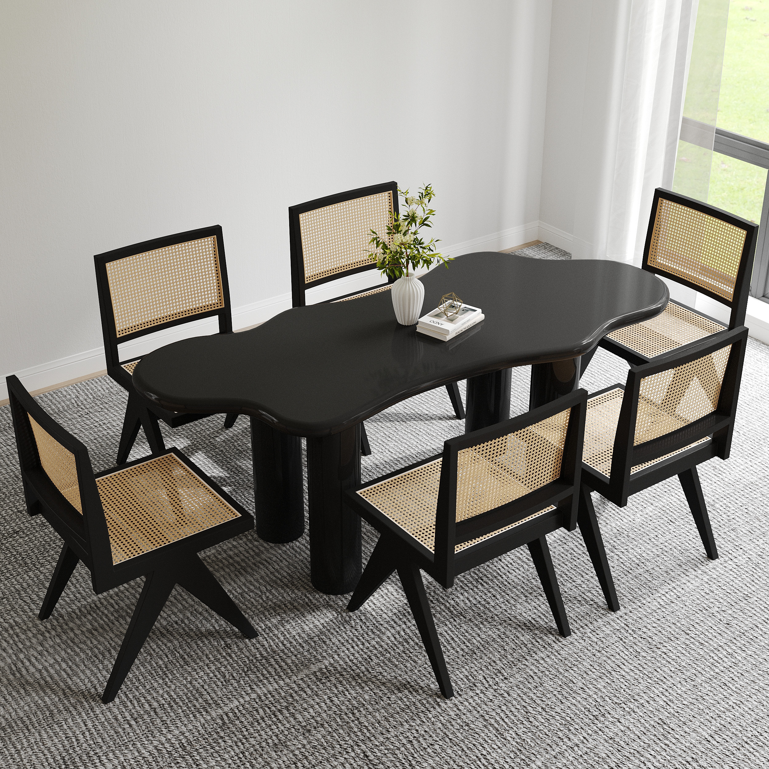 Irregular Dining Table & 6 Dining Chairs Set 71" Japandi Black Table Archic Rattan Side Ash Wood Chairs | Homary