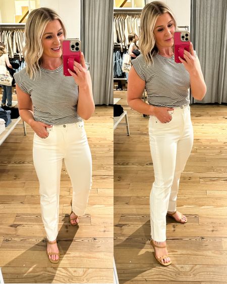 Immediately had to try these jeans on! They’re so comfortable and have a great fit. They’re a little long so I’d need to cut them but Madewell always does a great creamy white jean.

Wearing a 27 
Small top 

#LTKxMadewell #LTKSeasonal #LTKFindsUnder100