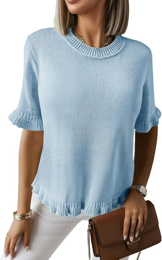 Saodimallsu Womens Short Sleeve Sweater Tops Summer Ruffle Casual Loose Fitting Crew Neck Knit Sh... | Amazon (US)