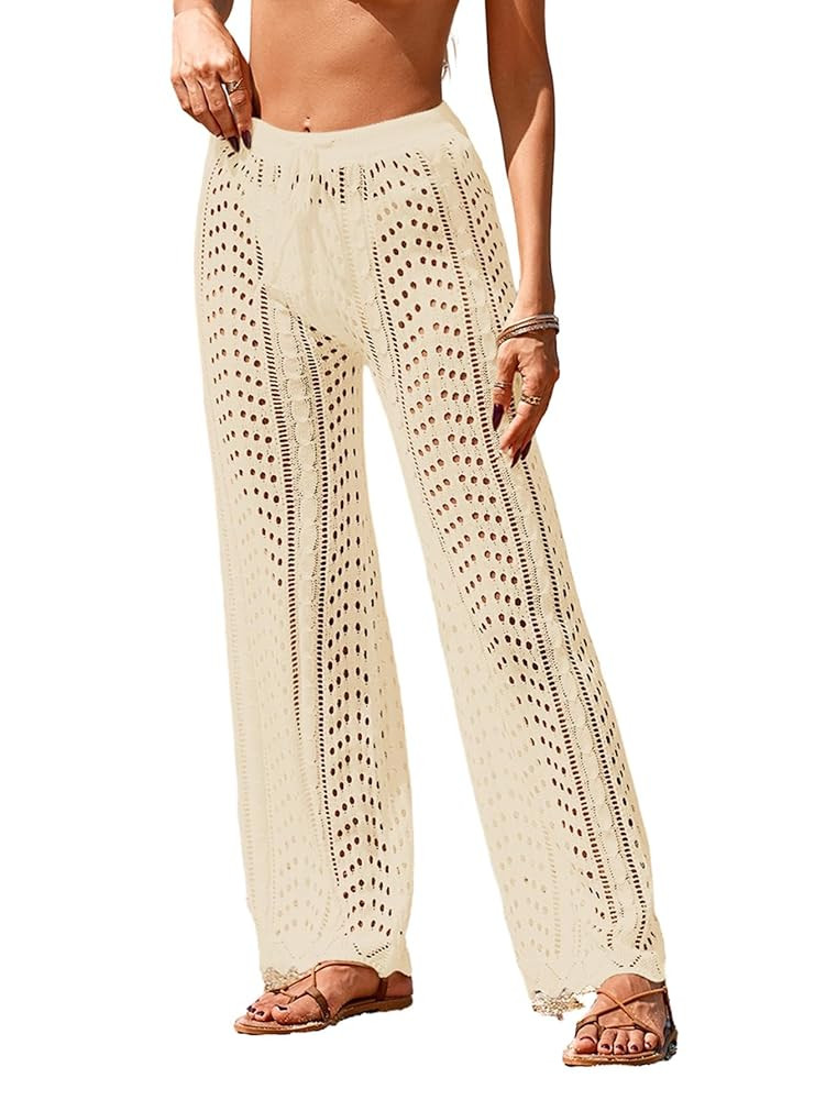Womens Crochet Elastic Waist Beach Pant Summer 2025 Trendy Wave Hem Hollow Out Bathing Suit Cover... | Amazon (US)
