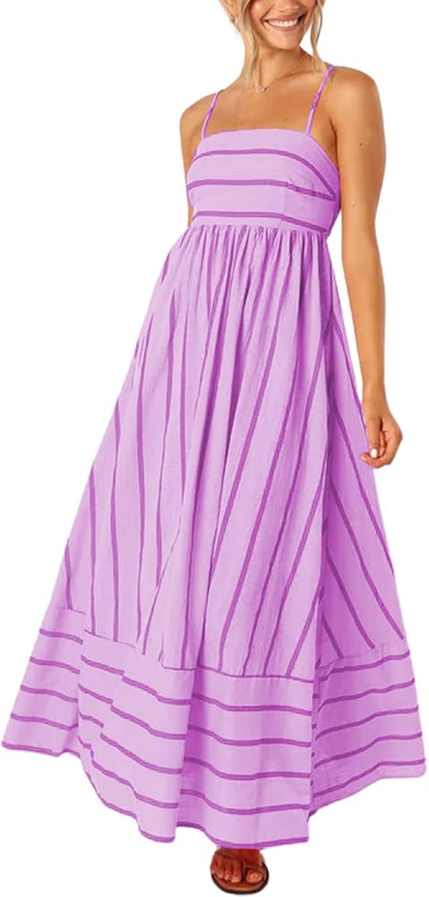 loveimgs Women's Summer Casual Striped Smocked Maxi Dress Spaghetti Strap Cut Out Flowy Swing Lon... | Amazon (US)