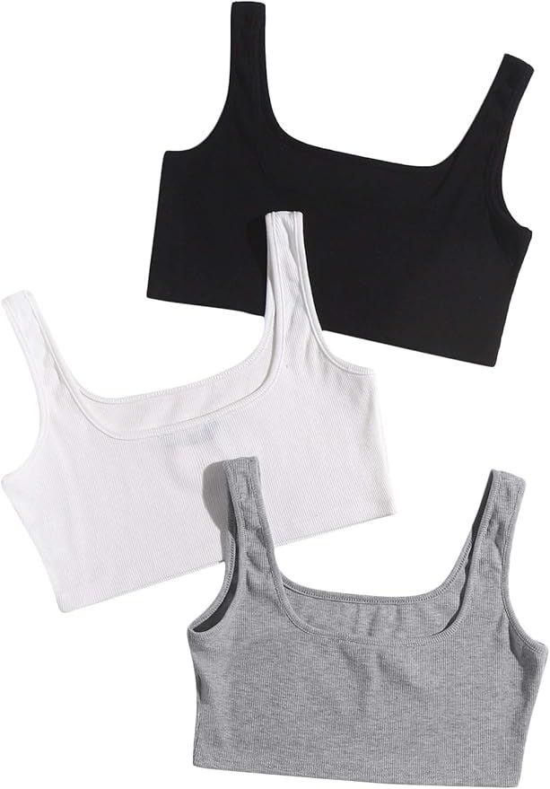 SheIn Women's 3 Packs Basic Sleeveless Scoop Neck Solid Rib Knit Crop Tank Tops | Amazon (US)
