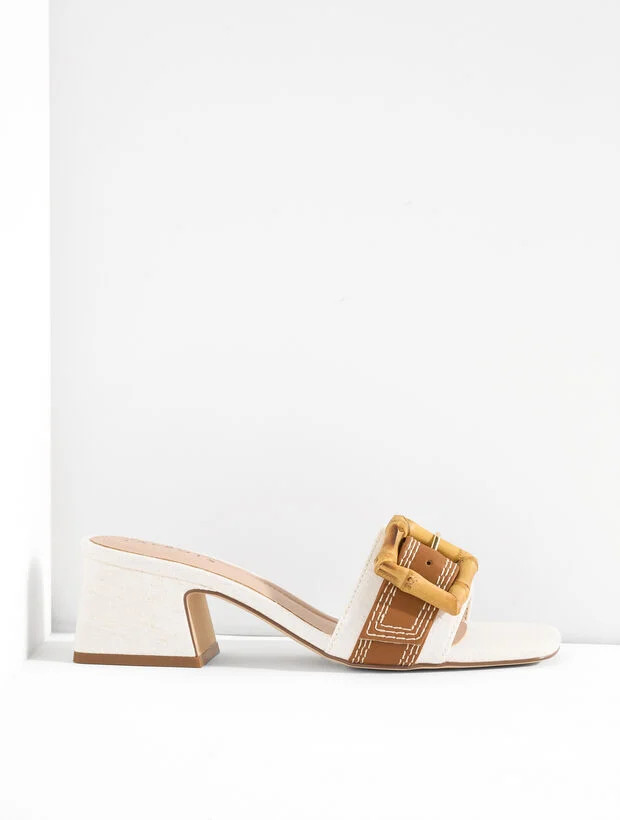 Kathryn Buckle Speckled Canvas Vachetta Block Heel Sandals | Talbots