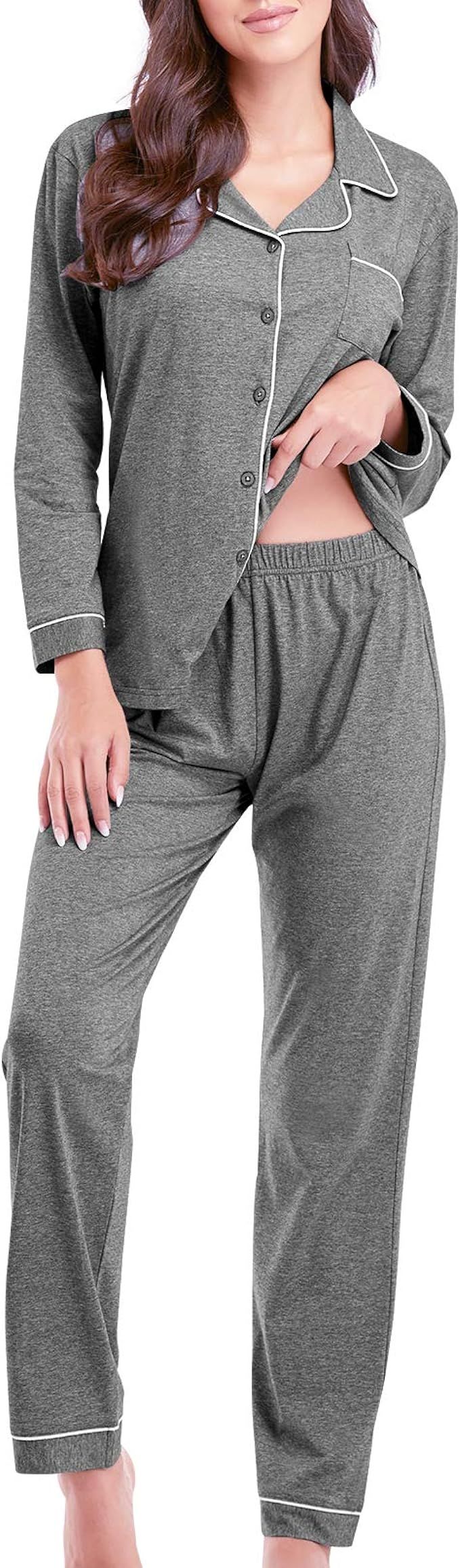 Eiggam Pajamas for Women Lounge Cotton Sleepwear Comfy Soft Long Button Down Pjs Set | Amazon (US)