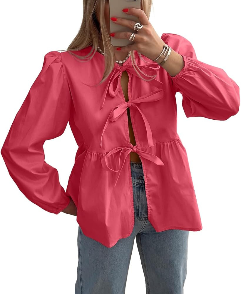 Allimy Womens Self Tie Front Bows Puff Long Sleeve Crewneck Babydoll Peplum Blouses Tops Shirts | Amazon (US)