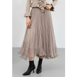 Asymmetric Ruffled Hem Crinkled Tulle Maxi Skirt in Taupe for Daily Office & City Shopping | Chicwish