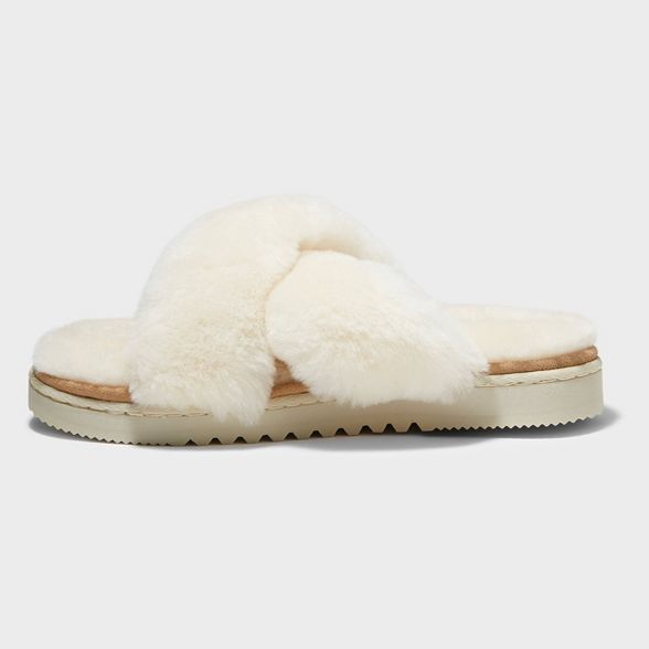 Women's dluxe by dearfoams Rossland Genuine Shearling Crossband Slippers | Target