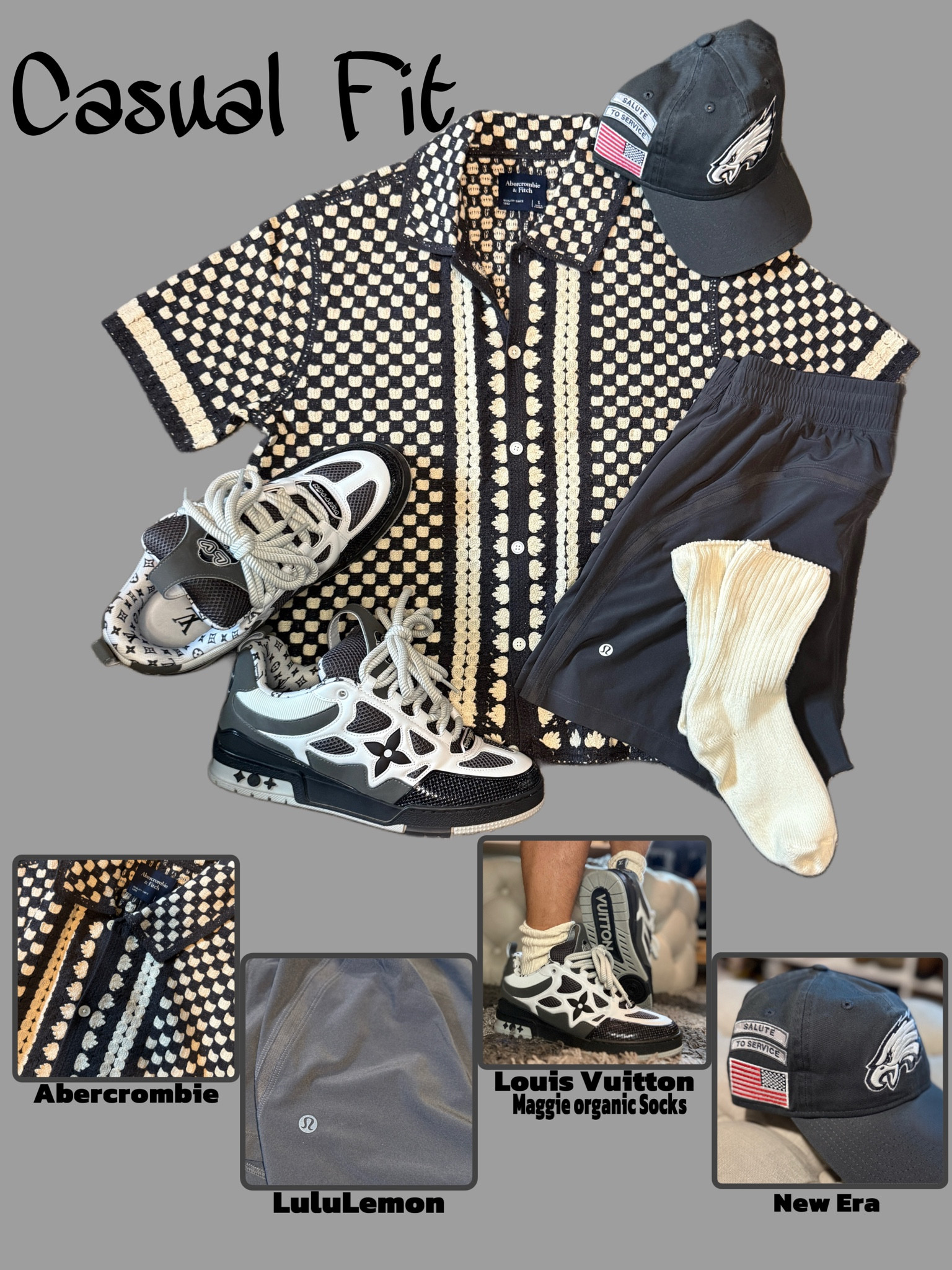 Casual outfits for the these final warm days of October. #menscasualstyle #casualoutfit #mensshorts #louisvuittonsneaker #abercrombiemen #menssocks #lululemonmen #menssyyle