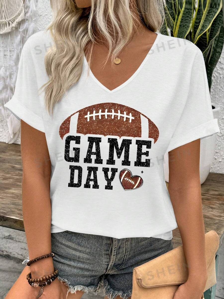 SHEIN LUNE Plus Size Women Football English Text Graphic T-Shirt, Summer | SHEIN