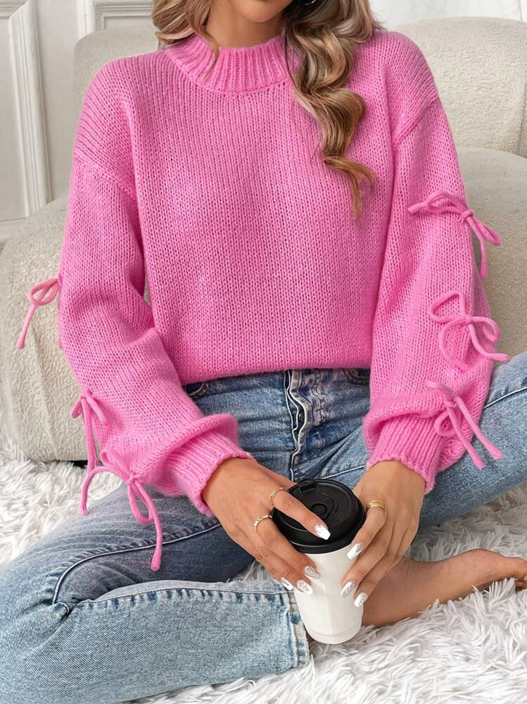 SHEIN Relaxiva Women Crew Neck Long Sleeve Bow Tie Decorative Casual Knit Sweater,Long Sleeve Top... | SHEIN