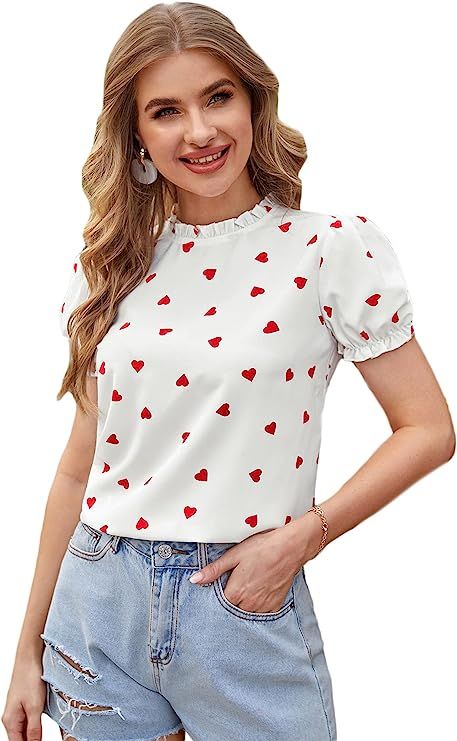 Romwe Women's Floral Print Ruffle Puff Short Sleeve Casual Blouse Tops | Amazon (US)