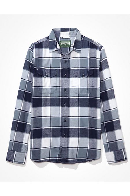 AE Super Soft Plaid Flannel Shirt Men's Blue M Tall | American Eagle Outfitters (US & CA)