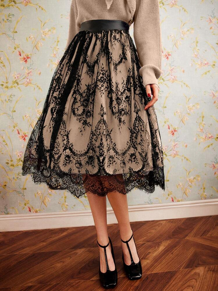 Vintamour Vintage Elegant Lace Splicing Umbrella Skirt Summer Skirt Mother Day Skirt Concert Outf... | SHEIN