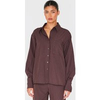 Dark Brown Woven Pinstripe Detail Oversized Shirt | PrettyLittleThing UK