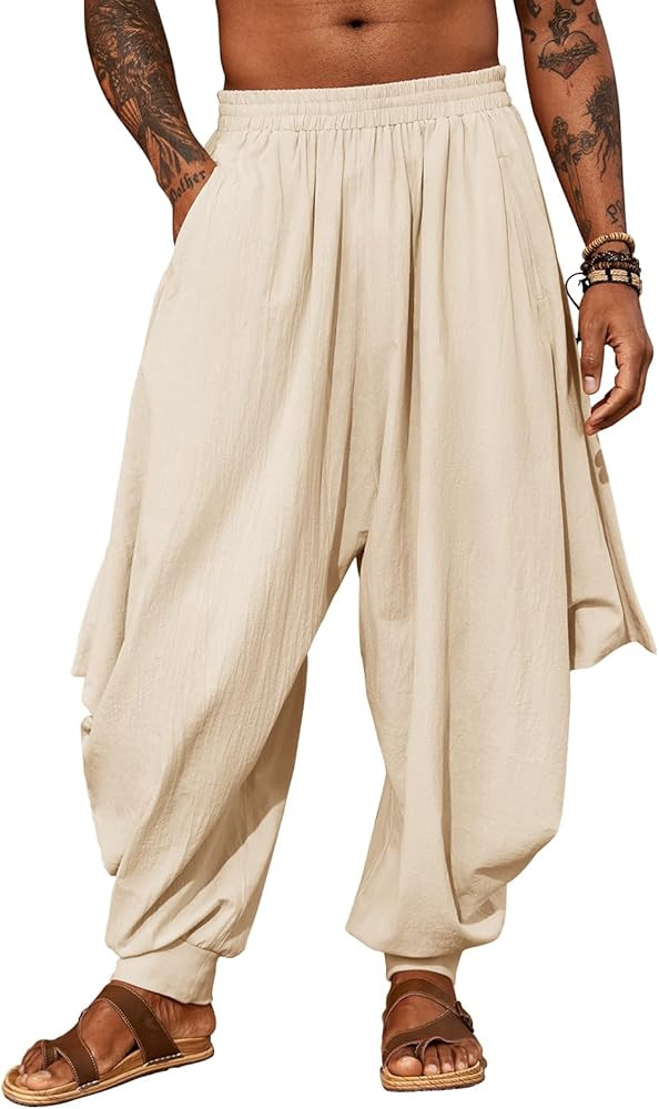 PASLTER Mens Harem Pants Linen Yoga Beach Baggy Summer Boho Aladdin Genie Pants | Amazon (US)
