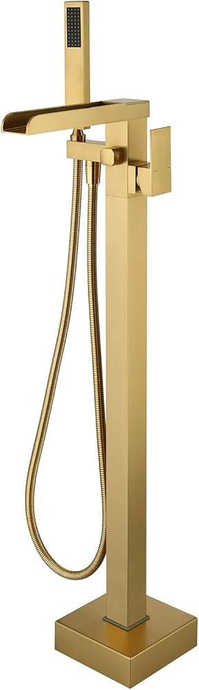Wowkk Freestanding Bathtub Faucet Brushed Gold Waterfall Tub Filler Floor Mount Brass Single Hand... | Amazon (US)