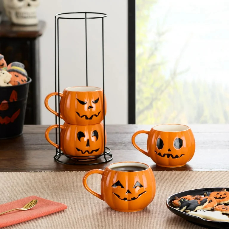 Halloween 13-Ounce Orange Pumpkin Stoneware Stackable Mug Set with Iron Rack, by Way To Celebrate | Walmart (US)