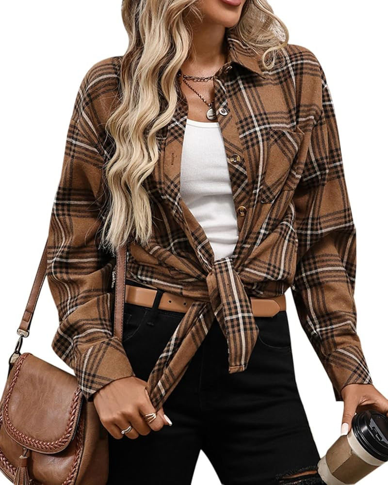 CHYRII Womens Oversized Flannel Shirts Button Down Long Sleeve Plaid Shirt Business Casual Blouse... | Amazon (US)