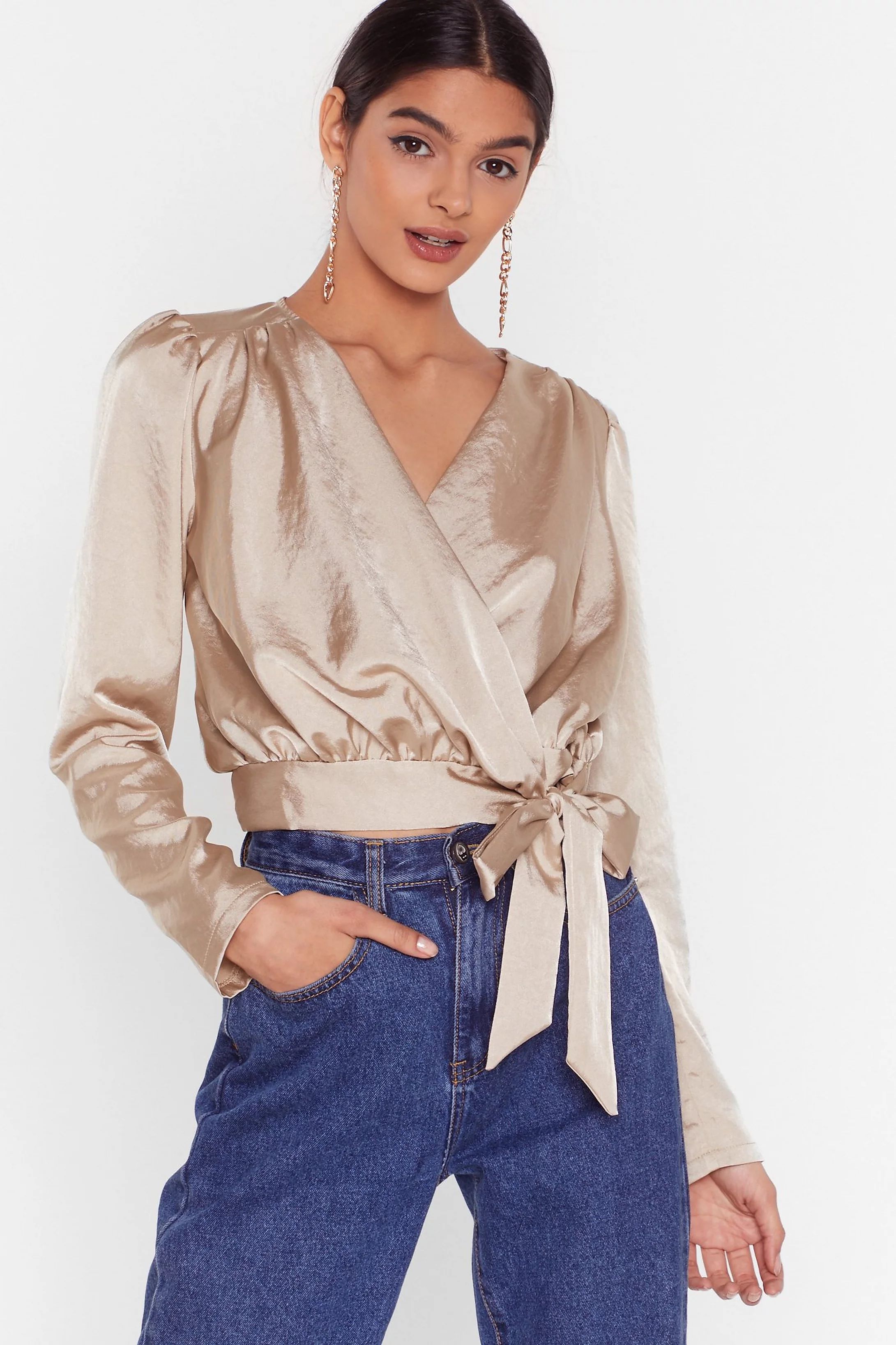 Tie Satin Cropped Blouse with Padded Shoulders | Nasty Gal (US)