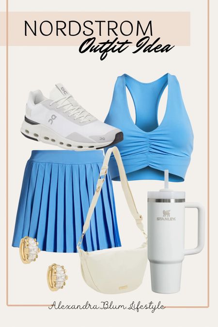 Nordstrom casual athleisure  clothes with a cute tennis skirt, sports bar top, on sneakers, and white crossbody bag! Active outfit! Pickle ball outfit! Tennis outfit! Travel outfit! Summer sports outfit! 

#LTKFitness #LTKFindsUnder100 #LTKActive