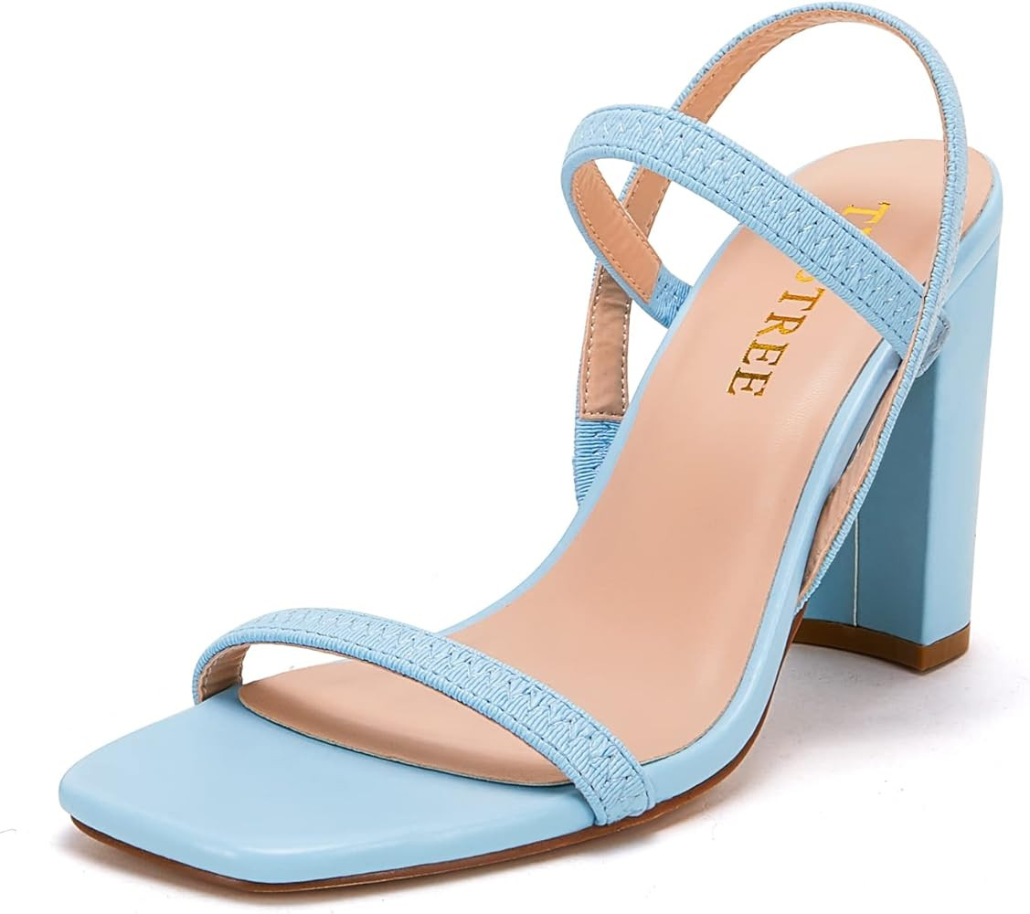 TINSTREE Women's Square Toe Heels Ankle Strap Dressy Open Toe Chunky Heel Sandals Strappy Dress Shoe | Amazon (US)
