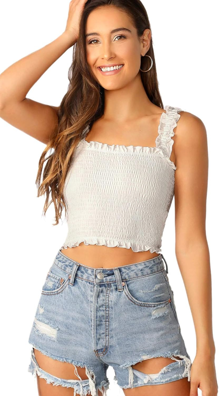 SheIn Women's Casual Frill Smocked Crop Cami Tank Shirred Strap Sleeveless Top | Amazon (US)